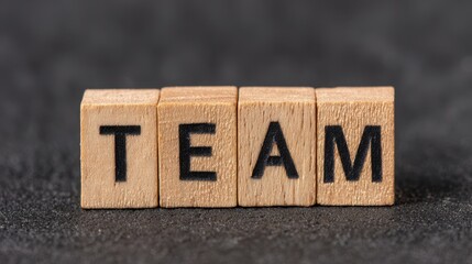 Wooden blocks with the letters T, E, A, and M arranged to spell "TEAM" on a dark surface with a blurred background.