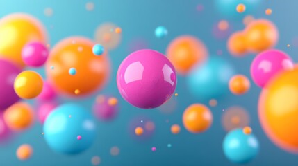 Vibrant spheres in shades of pink, orange, blue, and yellow float against a soft blue background, creating a lively, playful atmosphere, Ideal for creative projects, children's media