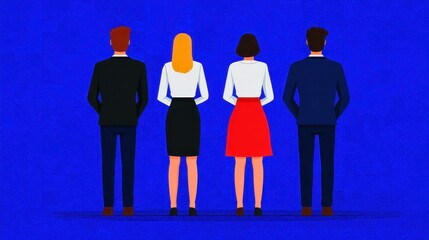 Four business professionals stand facing away against a blue background, with two men in suits and two women in skirts and blouses.