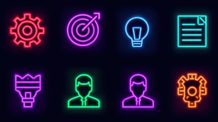 Neon icons representing gears, target, lightbulb, document, paintbrush, and business professionals on a dark background symbolizing creativity and business concepts.