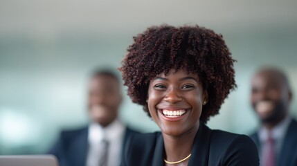 A confident African American woman in business attire smiles brightly, with two blurred colleagues in the background in an office setting.