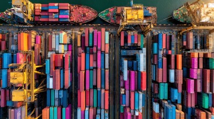 Obraz premium Aerial view of colorful cargo containers at a busy port