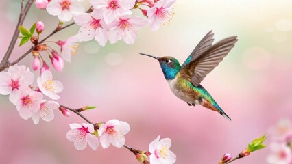 Hummingbird hovering near delicate pink cherry blossoms in soft sunlight
