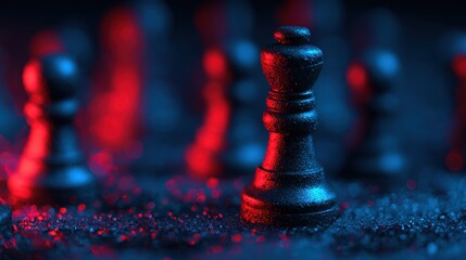 A black king chess piece stands prominently on a textured surface with red and blue lighting highlighting the scene.