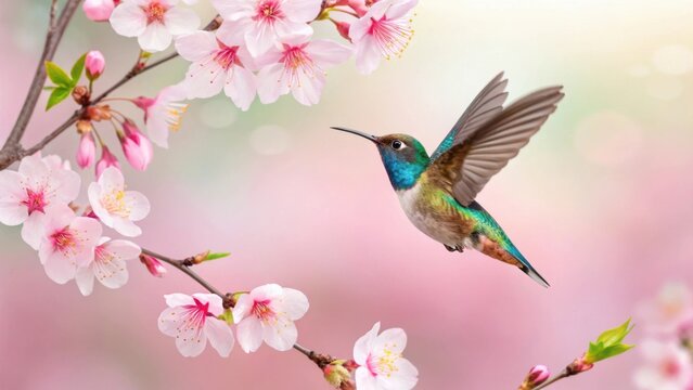Hummingbird hovering near delicate pink cherry blossoms in soft sunlight - Powered by Adobe
