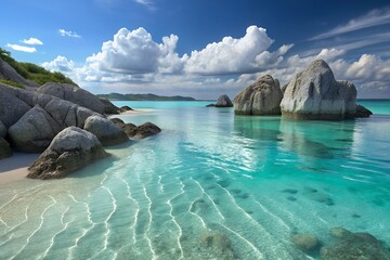 Crystal-Clear Turquoise Beach with Tropical Rocks Stunning High-Resolution Image