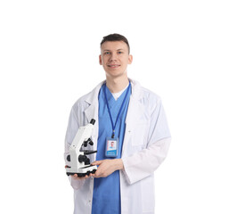 Fototapeta premium Medical student with microscope on white background