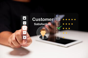 A person interacts with a digital customer satisfaction rating interface, selecting a three-star...
