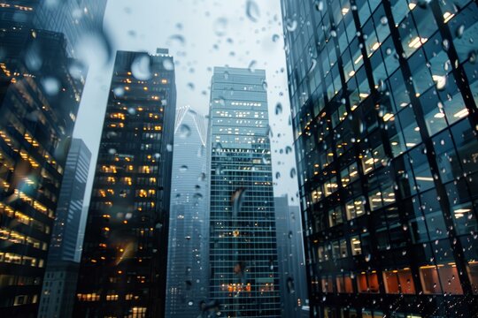 Raindrops covering window overlooking illuminated office buildings in a modern city during a rainy evening