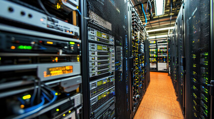 A server room with multiple servers and cables in a data center.