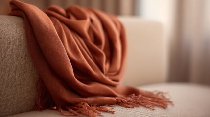 Rust-colored scarf draped over soft beige couch