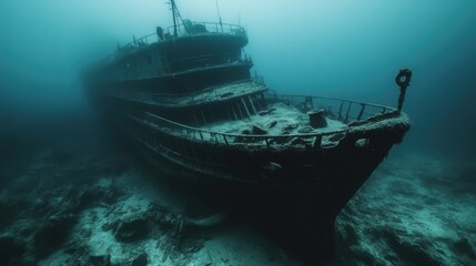 Obraz premium underwater ferry wreck very dark sea 