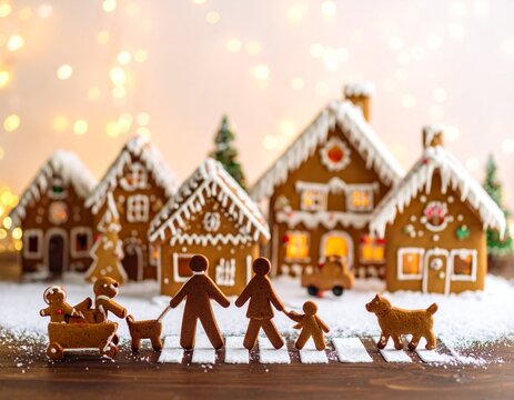 Generated image of a gingerbread village - gingerbread houses in the background, people walking on the crosswalk