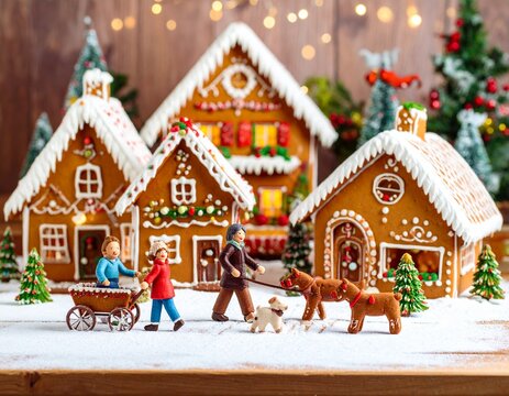 Generated image of a gingerbread village - gingerbread houses in the background, marzipan people walking on the crosswalk