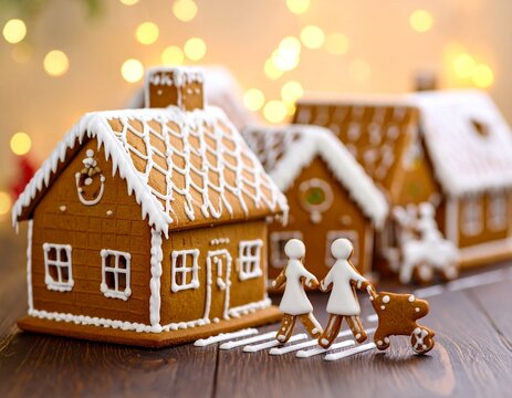 Generated image of a gingerbread village - gingerbread houses in the background, people walking on the crosswalk