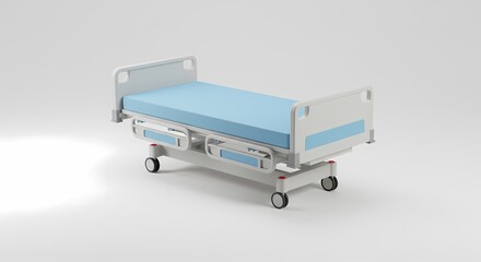 Hospital Bed with Blue Mattress on Wheels in Clean Studio Setting