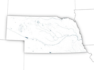 Withe map of Nebraska with state borders isolated on transparent background. Contains modified Copernicus Sentinel data 2025.