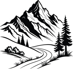 Mountain Road Scene with Trees, Black and White Silhouette