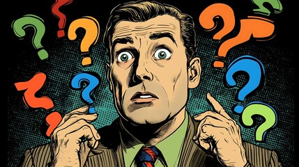 Man with many question marks expressing confusion.