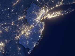 New Jersey as seen from space at night with visible state borders. Contains modified Copernicus Sentinel data 2025.