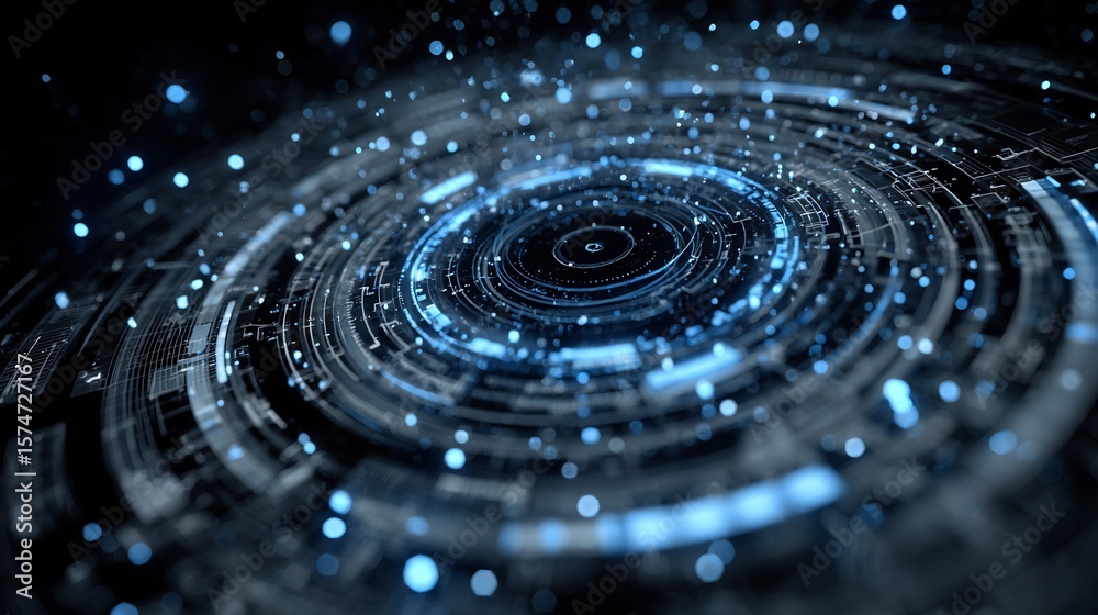 Poster futuristic technology interface with glowing circles and particles creating a vortex