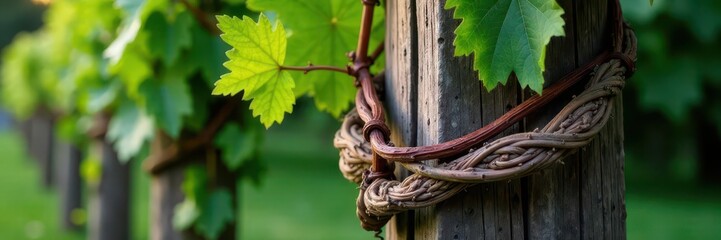 Obraz premium Twisted grape vines wrapped around a weathered wooden post, autumnal, natural light, wood