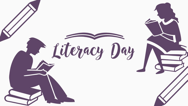 Purple Silhouette Illustration:  Boy and Girl Reading Books for Literacy Day;  Simple, Elegant Design;  Educational, Celebratory Mood;  Perfect for Print or Web.