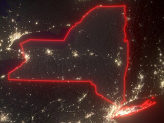 Night map of New York with red state borders and glowing bright city lights. Contains modified Copernicus Sentinel data 2025.