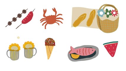 Cute cartoon summer items including food, drinks, tote bag, sandals, and sea animals in fun style
