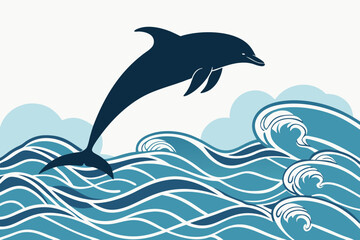 Naklejka premium A playful dolphin leaps from stylized ocean waves with cloud accents against a light background design