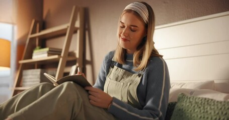 Student, writing and thinking with woman in bedroom for study schedule, reflection and reminder. Assignment due date, academic calendar and notebook planning with person on bed in home for vision