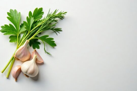 Aromatic garlic cloves and fresh herbs arranged on pristine white , rustic, texture