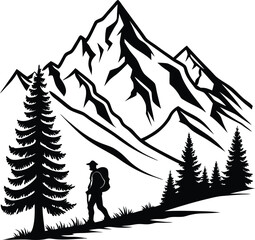 Mountain Road Scene with Trees, Black and White Silhouette