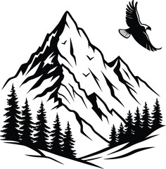 Mountain Road Scene with Trees, Black and White Silhouette