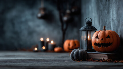 Traditional Halloween Night Decor with Moody Lighting and Pumpkins. This image is perfect for setting a classic, suspenseful Halloween mood for posters, event flyers, or dark fantasy art.