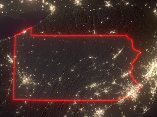 Night map of Pennsylvania with red state borders and glowing bright city lights. Contains modified Copernicus Sentinel data 2025.