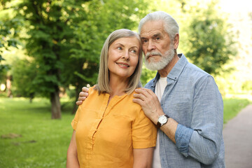 Lovely senior couple walking together in park