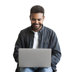 Portrait of handsome smiling young man with laptop computer isolated transparent PNG, Joyful...