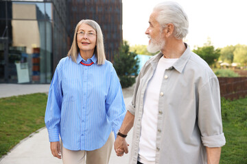 Lovely senior couple walking together in park