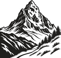 Mountain Road Scene with Trees, Black and White Silhouette