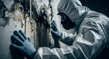 Photo of a person in a full hazmat suit and respirator inspects a moldinfested wall, highlighting potential health hazards and the need for professional cleanup