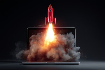 Strategic Rocket Launch Symbol on Laptop Screen for Business Growth, Innovative Corporate Takeoff in Digital Interface, Powerful Startup Success and Market Ascent, Dynamic Enterprise Expansion Concept