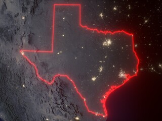 Night map of Texas with red state borders and glowing bright city lights. Contains modified Copernicus Sentinel data 2025.