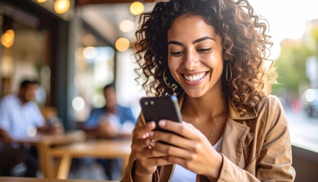 A happy and diverse woman is texting on her phone. - Powered by Adobe