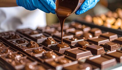 Melted chocolate being poured onto prepared chocolate treats