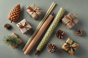 Rustic Wooden Pencil Set with Gift Wrapping and Pine Cones Flat Lay Photography