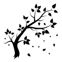 Elegant black silhouette of a single tree branch adorned with delicate leaves