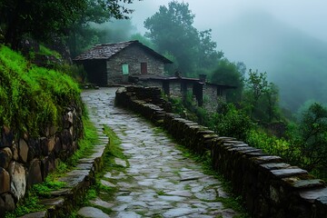 Fototapeta premium Stone Path Leading to Rural Stone Houses in Lush Green Foggy Landscape