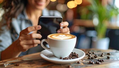 Woman in cafe takes photo of latte art