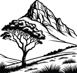 Mountain Road Scene with Trees, Black and White Silhouette